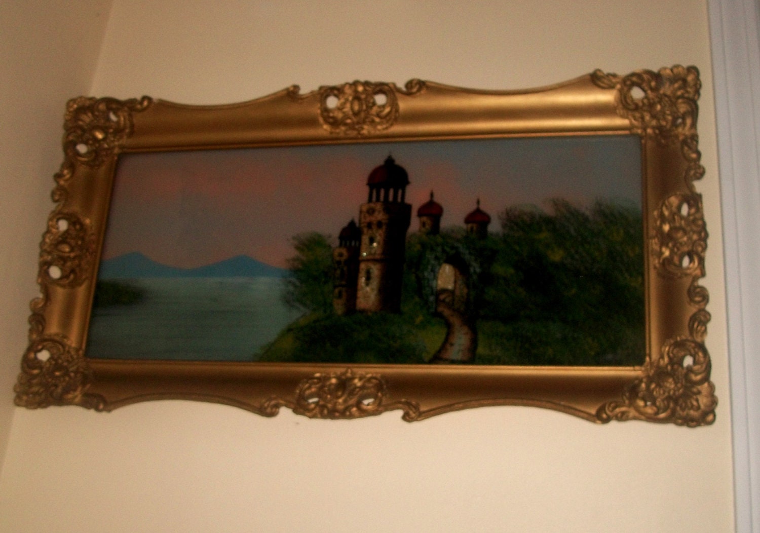 Gorgeous Antique Reverse Glass Painting of a Castle on Water