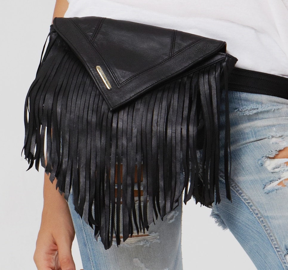 Fringed Leather Belt Bag/ Bum Bag in Black