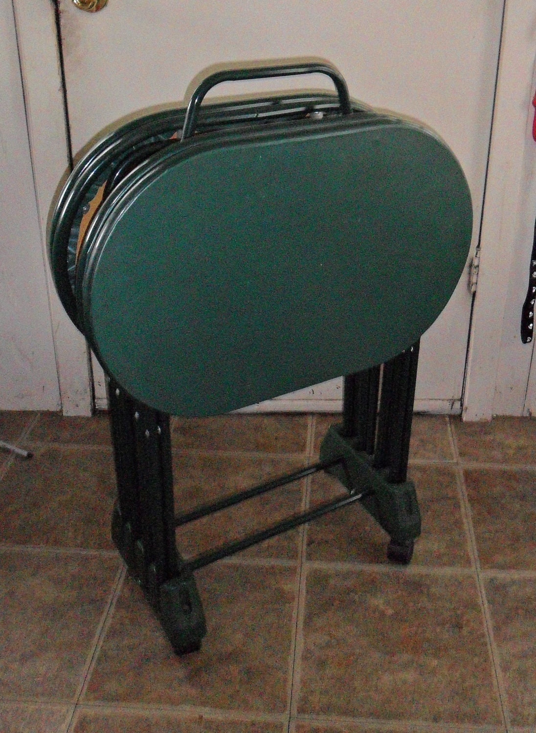 Vintage Cosco Green Oval TV Tray Tables Folding Snack