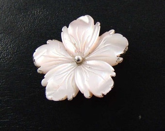 Mother of Pearl Carved Flower, Sterling Silver, Wire Wrap, Set, 30 mm, E1261