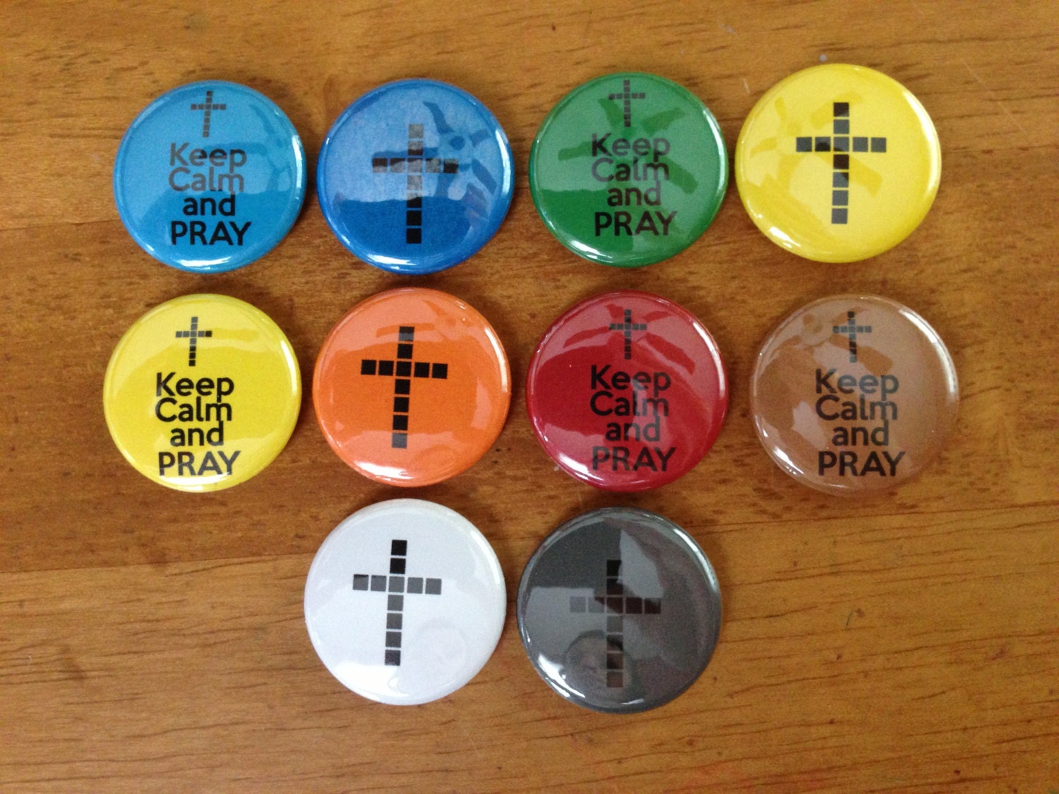 Christian Buttons Cross and Keep Calm Pray On Set of 10