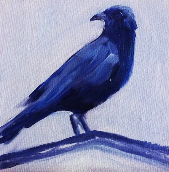 Download Crow Raven Painting Small Oil on Canvas 4x4 Blue Black