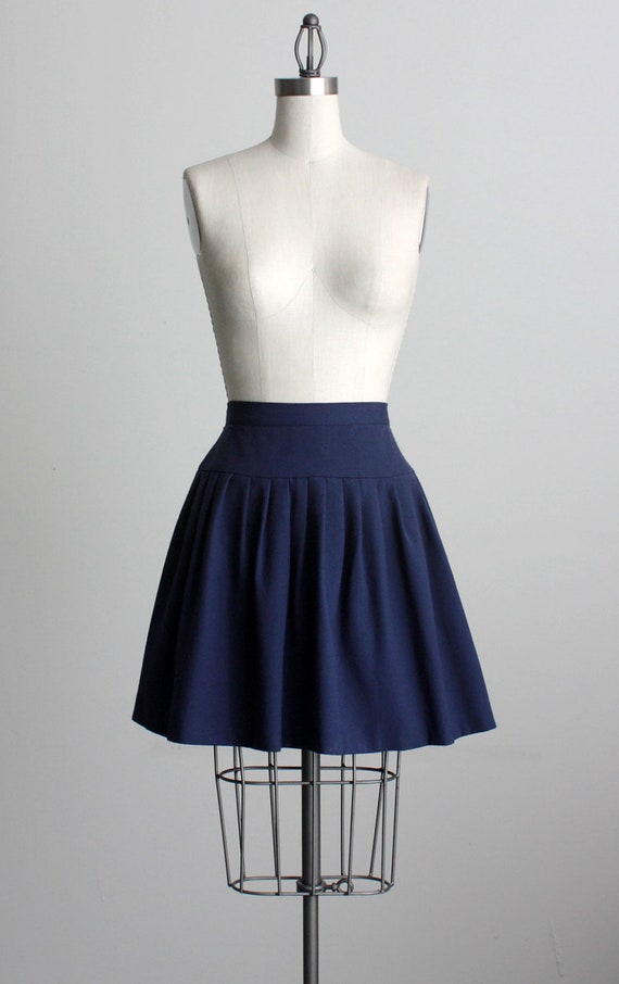 BLUE MINI SKIRT 1980s Vintage Navy Blue Full Pleated by decades