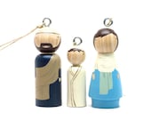 3 Christmas Ornaments Fair Trade Wooden Toys -Mary, Joseph, Baby Jesus - Wooden dolls
