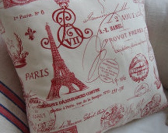 FRencH CoTTage PiLLow/PaRiS PriNT/SHaBBy Chic/ReD TiCKing/decorative Throw Pillow/Coastal/Bedroom