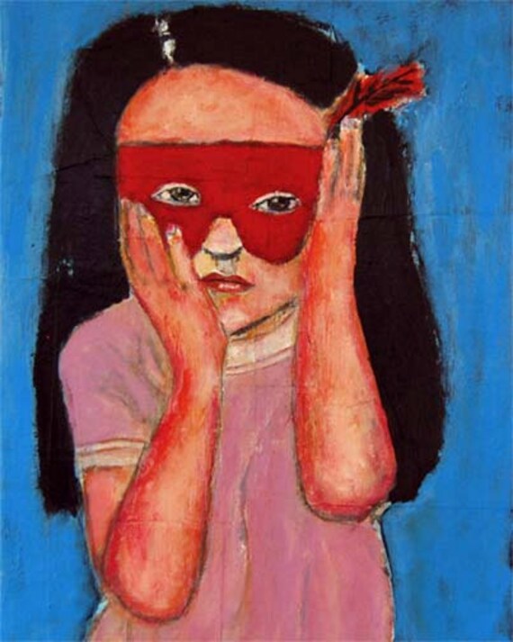 9x12 Original Acrylic Portrait Painting Little Girl wearing maroon masquerade mask  Superhero