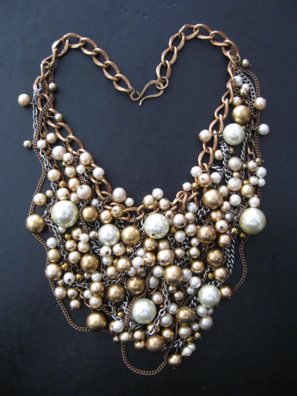 Brass and Pearl Statement Bib Necklace Upcycled Vintage