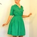 Vintage 50s Kelly Green Cotton Day Dress Full Sweep Pintuck Retro Housewife MAD MEN Era 1950s to 60s Frock