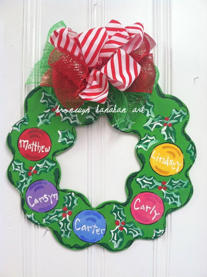 Personalized Christmas Wreath Door Hanger by BronwynHanahanArt