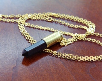 Natural Black Agate Crystal Bullet Necklace - Natural Raw Stone Point Drop Spike Bullet Case with Bronze Gold Plated Fittings