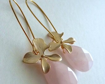 Large Rose Quartz Orchid Flower Long Lotus Petal Hoop Earrings