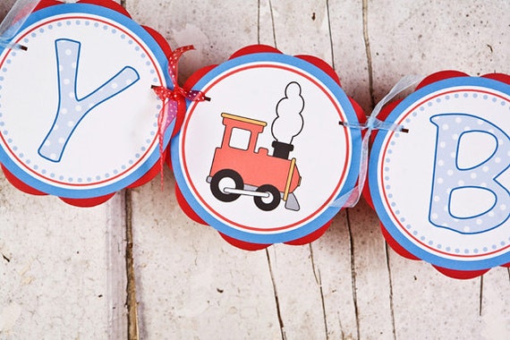 Train Themed HAPPY BIRTHDAY Banner - Train Birthday Party Decorations in Red and Blue Il_570xn