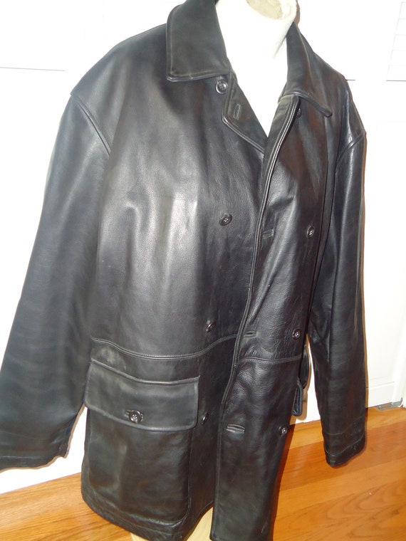 vintage Black Overcoat LEATHER Jacket Heavy by VintageTrafficUSA