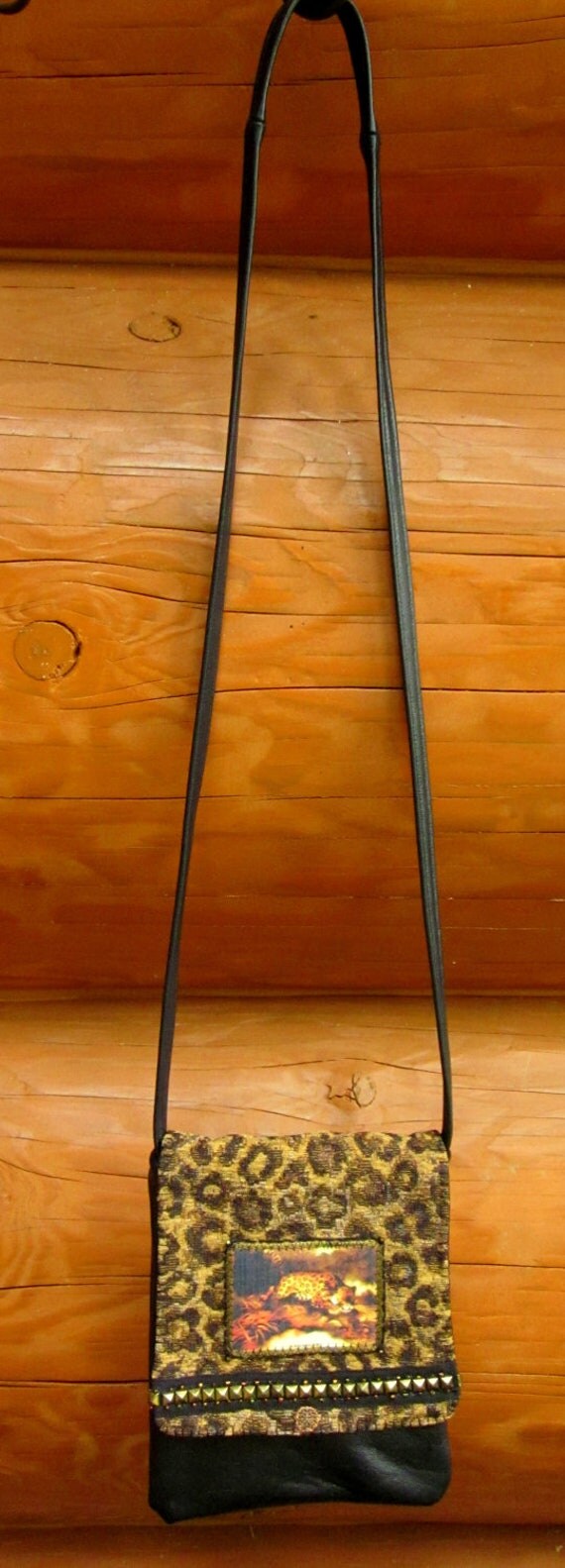 Handmade Purse with Jaguar Print Fabric and Black Leather, Jaguar