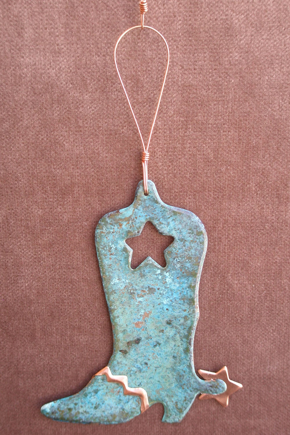 COWBOY BOOT Copper Verdigris Ornament - Handcrafted in The Copper State (Arizona USA)