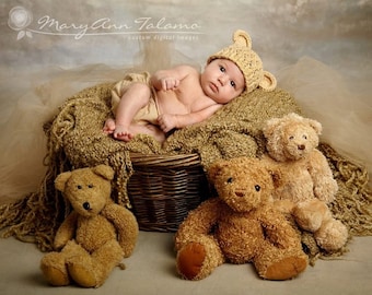 NEWBORN Baby Boy Hat, 0-1 Months Baby Boy Teddy Bear Hat, Boy Crochet Flapper Beanie, Beige with Ears. Professional Photography. Baby Gift.