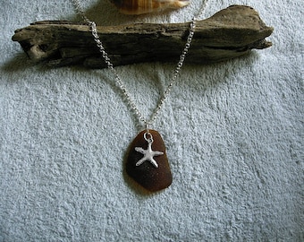 Brown beach glass necklace with starfish. Sea glass jewelry.