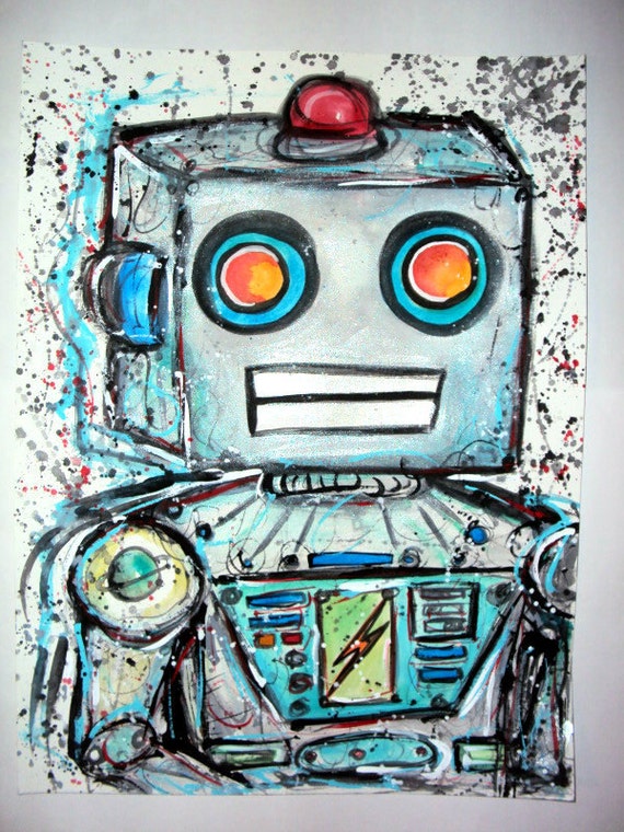 Silver Electronic Toy Robot Watercolor and Acrylic Painting