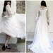 white wedding. vintage 1950s white long sleeve wedding dress with embroidered floral lace trim. size 4/6