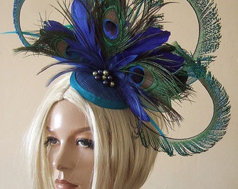 Curled Peacock Fascinator Hatinator - Feathers Cluster with Graduated Crinoline and Swarovski Pearls Blue Green - No.1 on Google!