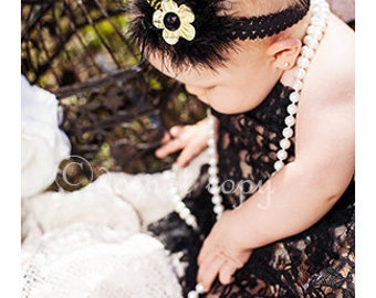 Black Yellow Flapper Headband - Pale Yellow Satin Flower Accented with Rhinestone and Feathers on Black Lace Headband - Baby