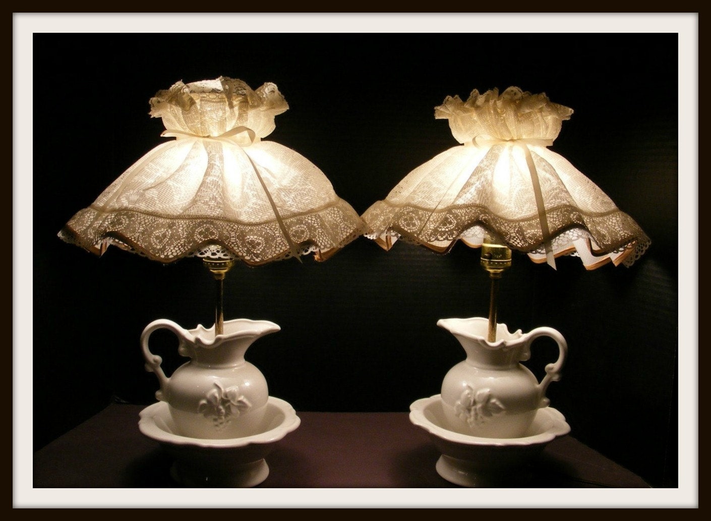 Vintage Water Pitcher Bowl Lamps Cream Lace Ceramic Set Lot 2