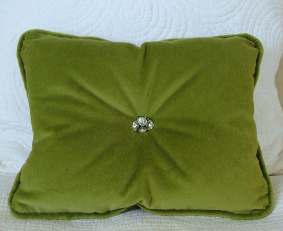 Velvet throw pillow with crystal buttons and piping olive