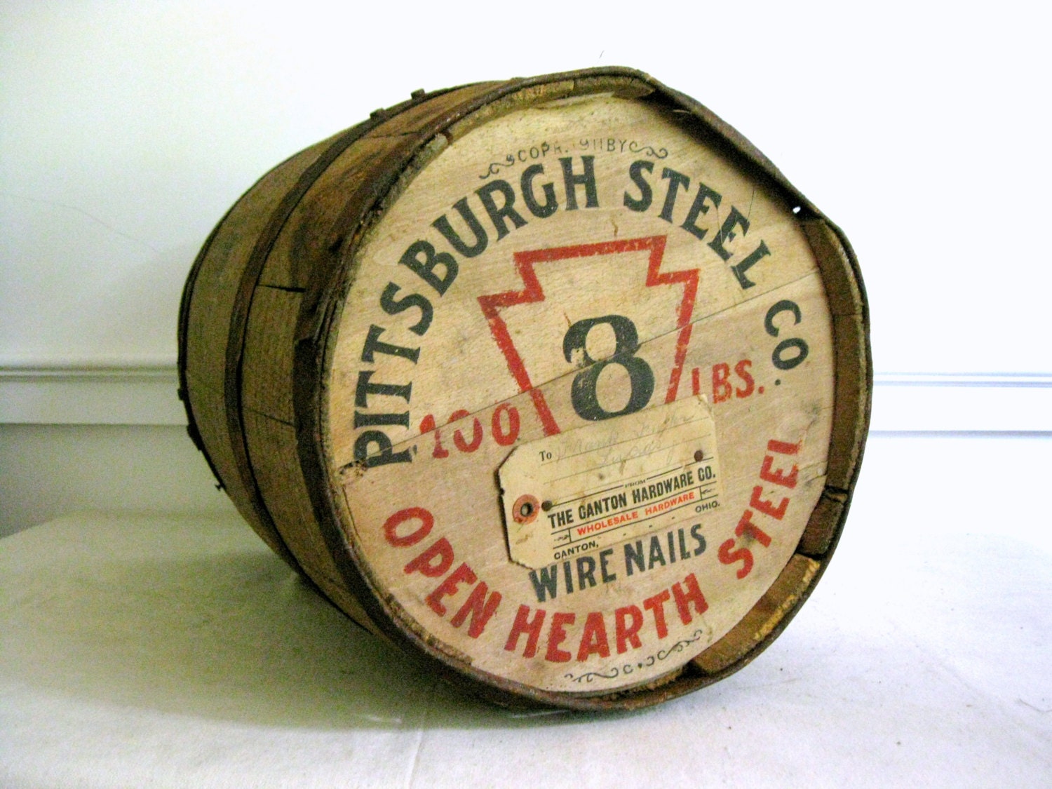 Antique Nail Keg with Perfect Pittsburgh Steel Co.
