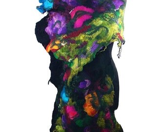 Black scarf, Felted Wool Scarf, Nunofelt Scarf, Multicolor Scarf, Felt Wrap, Scarves black noir Nuno felt Silk Eco shawl Fiber Art