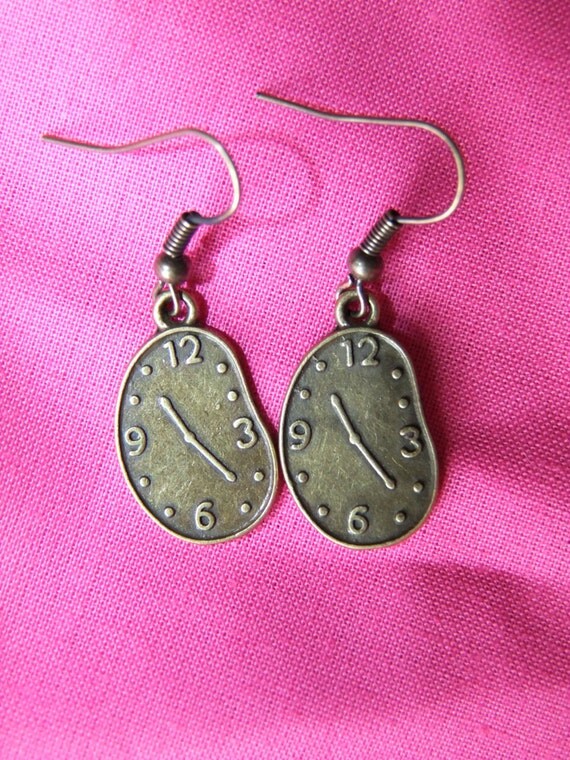 Warped clock face earrings antique bronze dangle charm metal