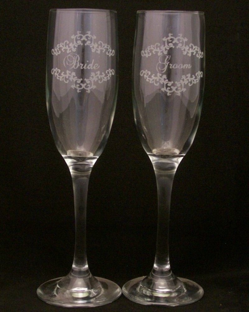 Wedding Bride and Groom Etched Champagne Flutes Glasses