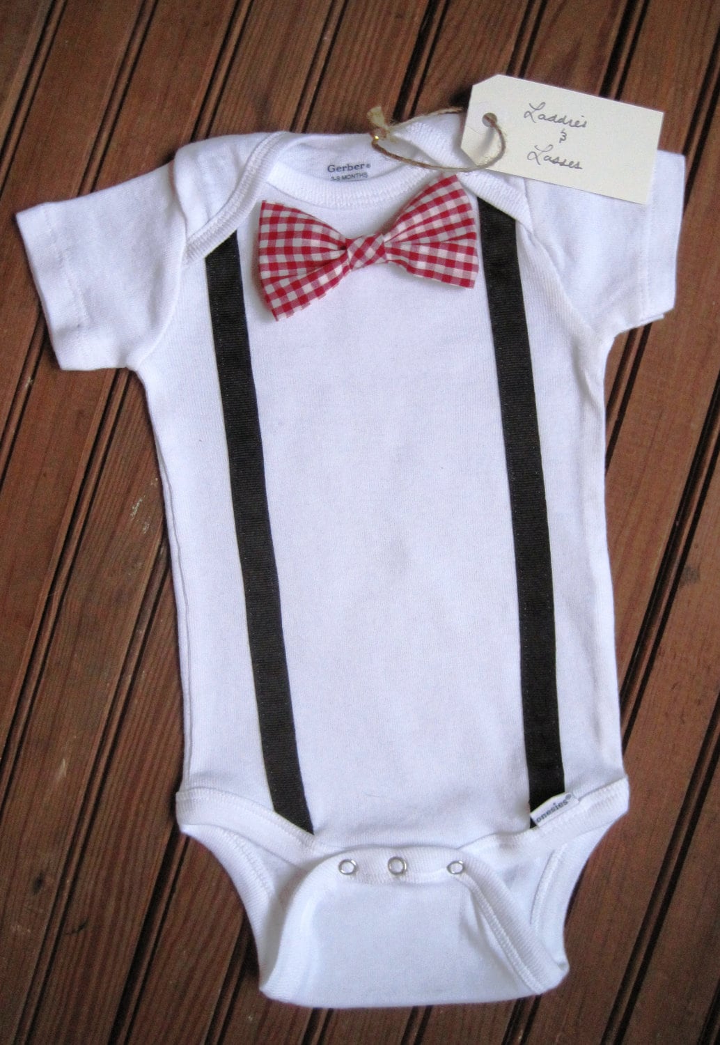 Short Sleeve Red Gingham Bow Tie Onesie with Suspenders