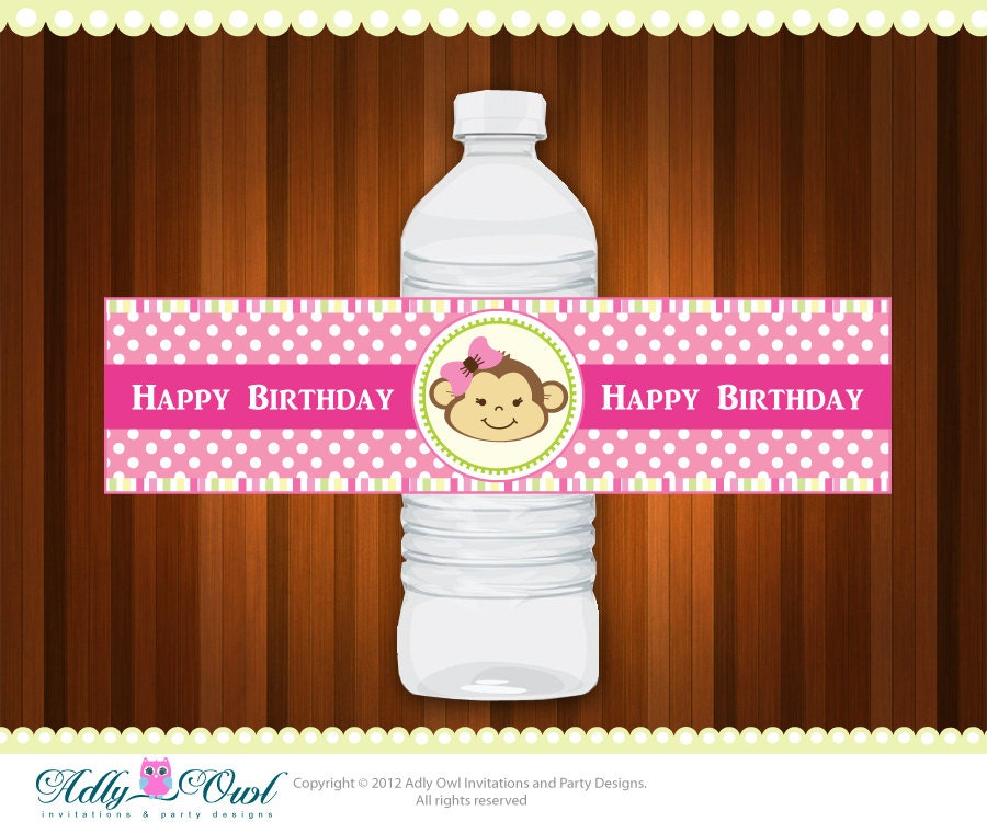 Water Bottle Wraps Labels for Pink Girl Monkey Birthday