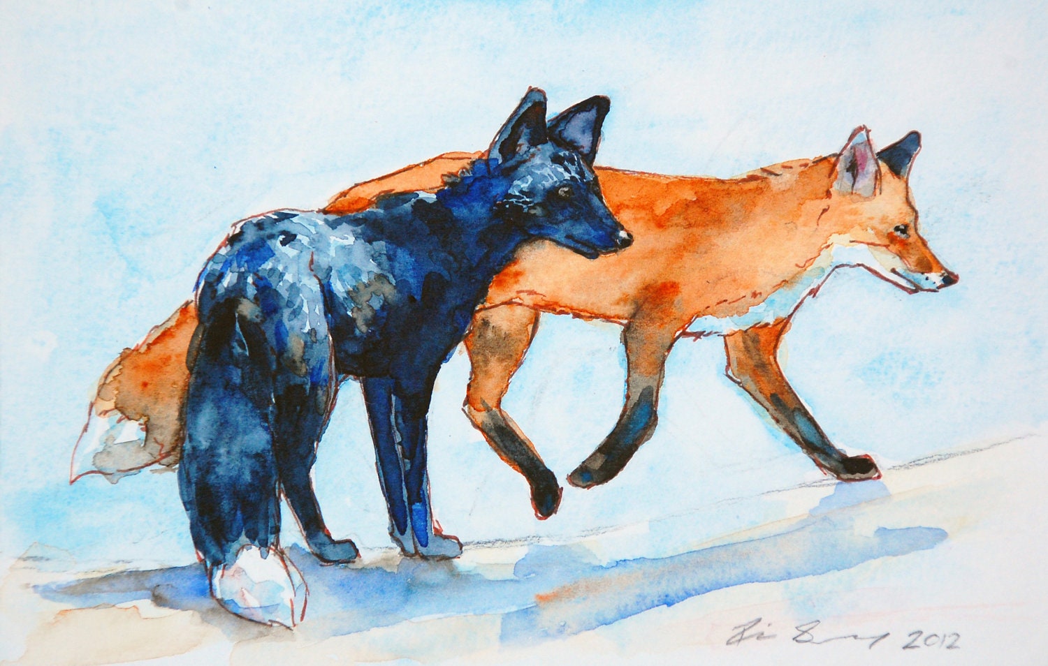 Winter Fox Art Black And Red Woodland Foxes In The Snow