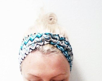Twist Turban Headband, Turquoise Chevron Print Turban, Zig Zag Print Headband