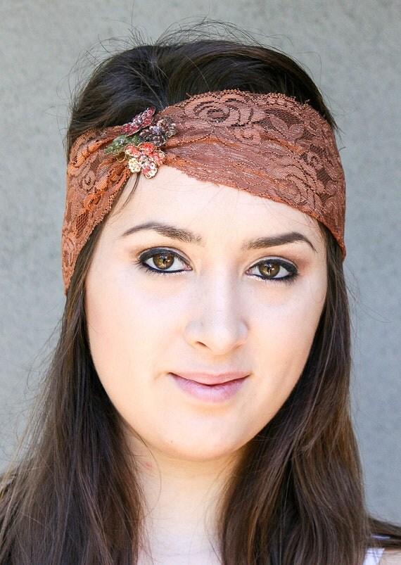 Items Similar To Rust Wide Stretchy Lace Headband With Sequin Flowers ...