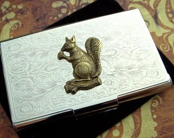 Squirrel Business Card Case Vintage Inspired Steampunk Gothic Victorian Scroll Pattern Metal Card Holder