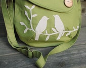 Small Tweeting Birds Olive Green Purse /tote /handbag / handmade wood button / 6 large pockets