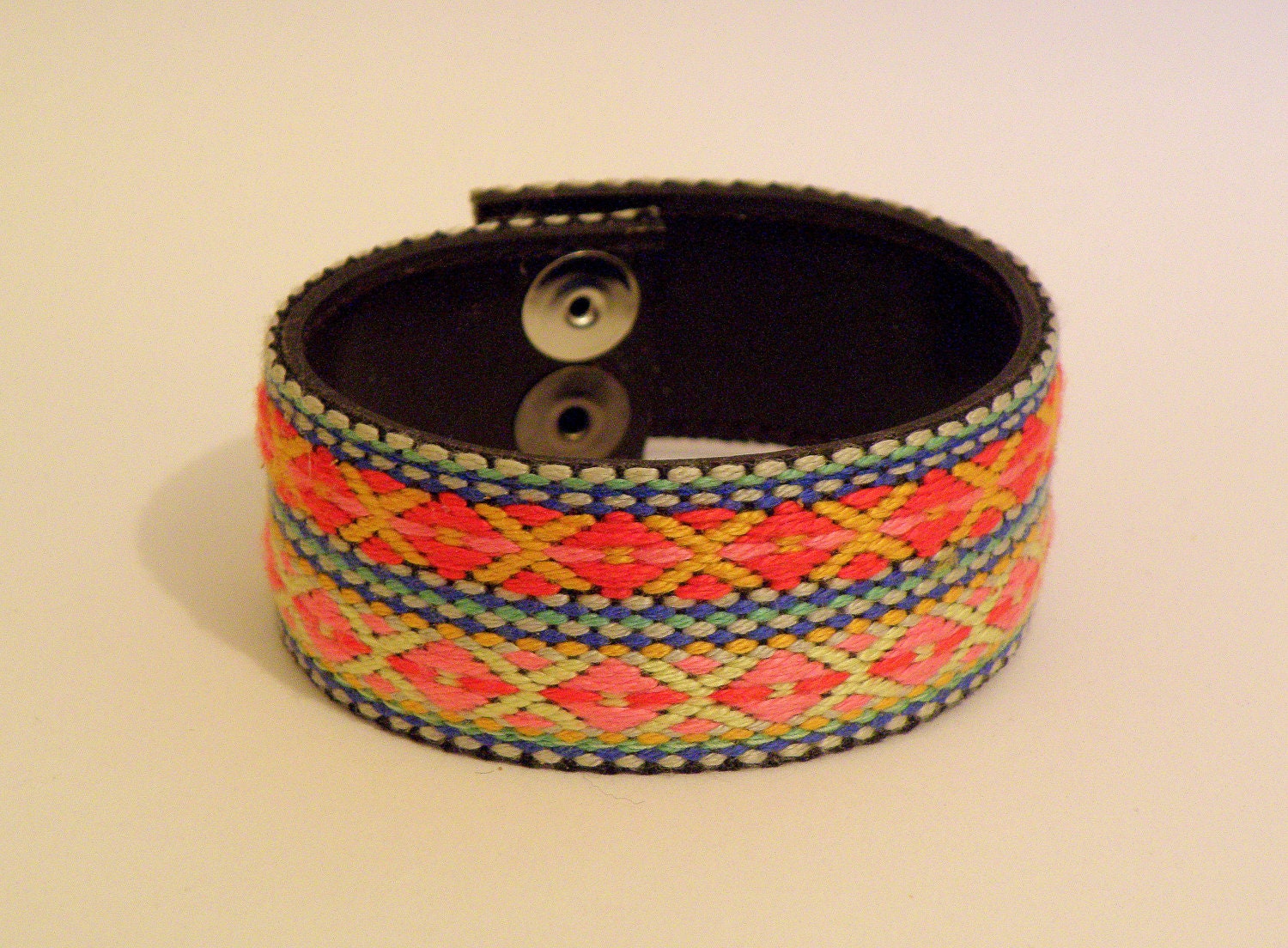 Embroidered Cuff Bracelet with Gun Metal Snaps FREE SHIPPING