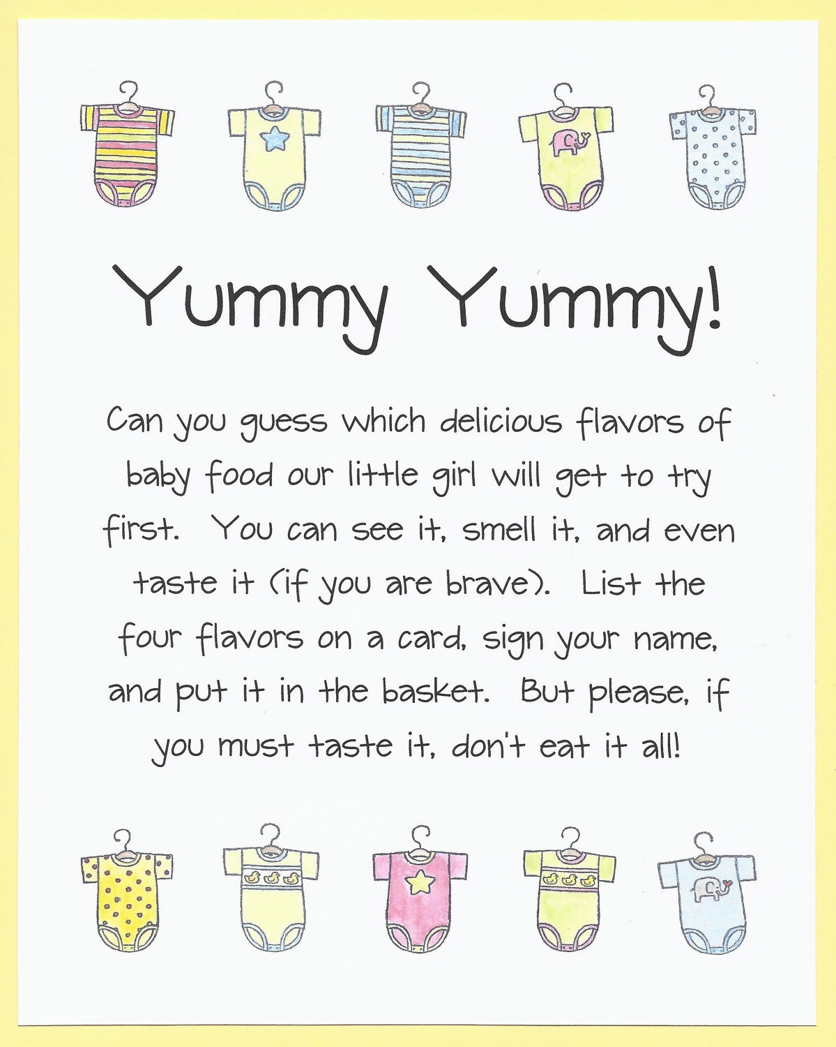 264 New baby shower game ideas on pinterest 350 Yummy Yummy Baby Food Shower Game Onesie Baby by CardsByKooper 