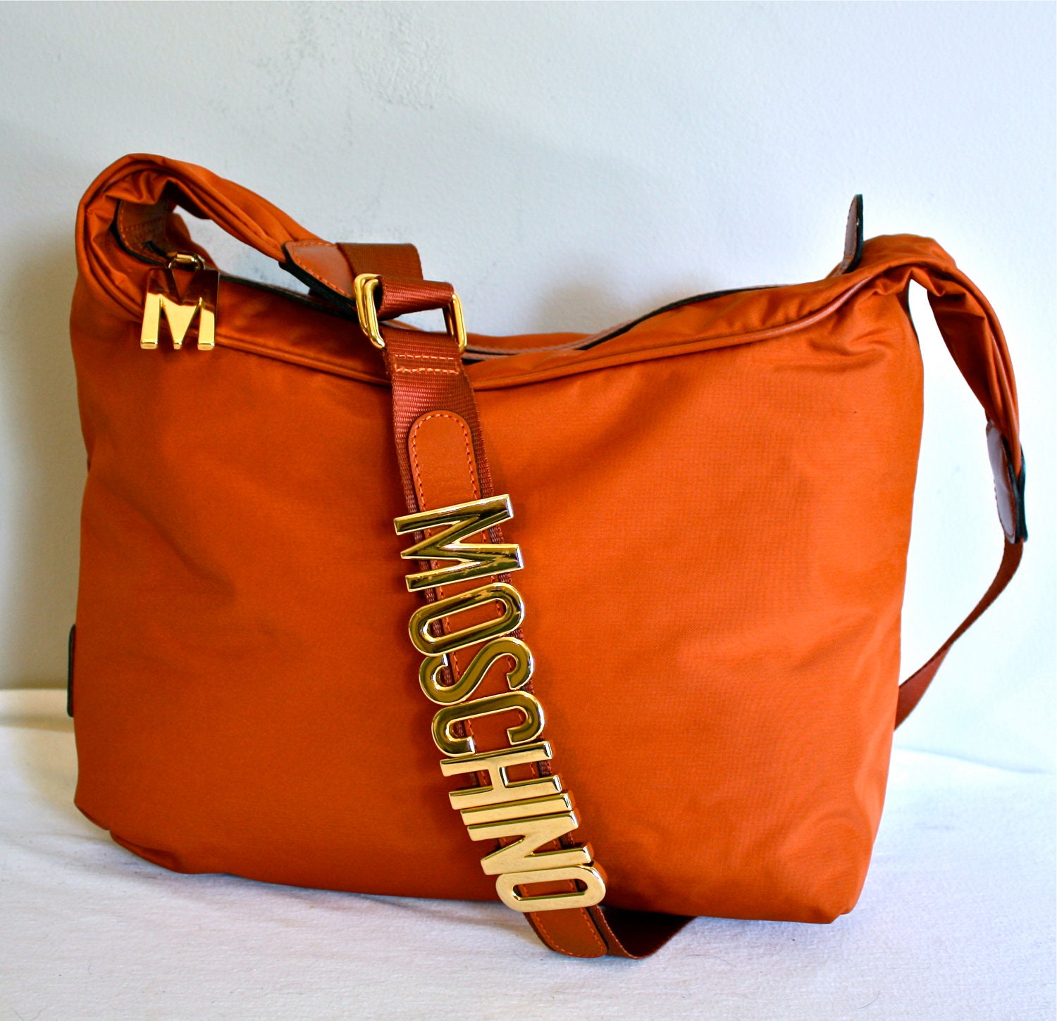 Vintage MOSCHINO REDWALL Tote Orange Leather Nylon Crossbody
