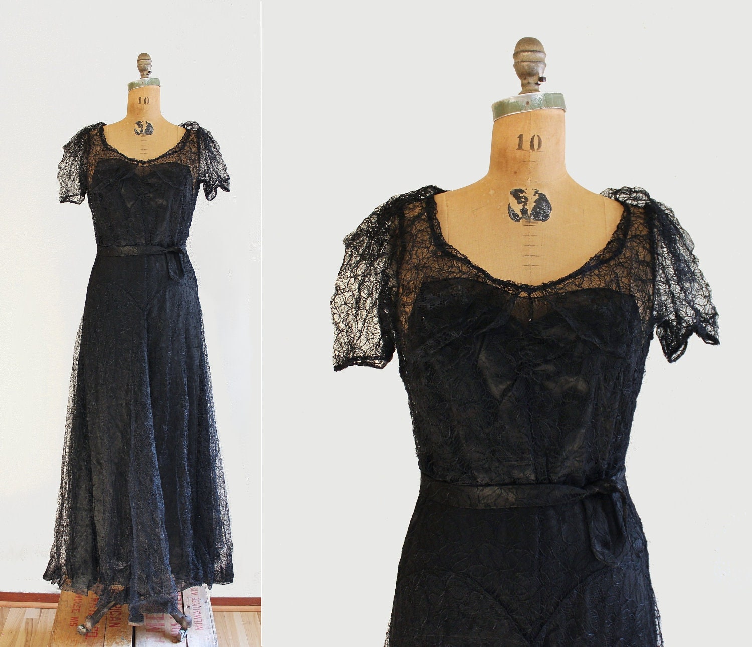 1930s dress 30s lace gown full length black lace & black