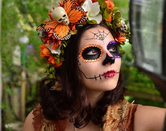 Hawkmoth Harvest Day of the Dead Crown - Dia de los muertos orange arigold mum dogwood skull butterfly flower crown headdress katrina