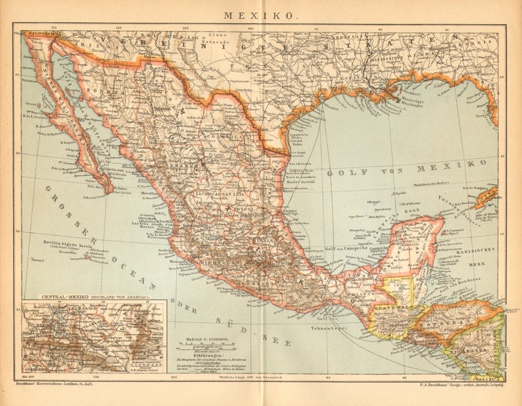 1900 Original Antique Dated Map of Mexico