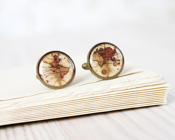 Men cufflinks - Vintage World map cufflinks - Wedding cuff links for groom, groomsmen