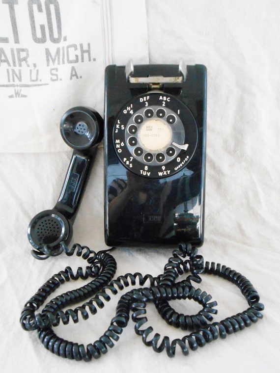 Vintage Rotary Telephone 1970s Black Wall Phone by TheDresserHouse