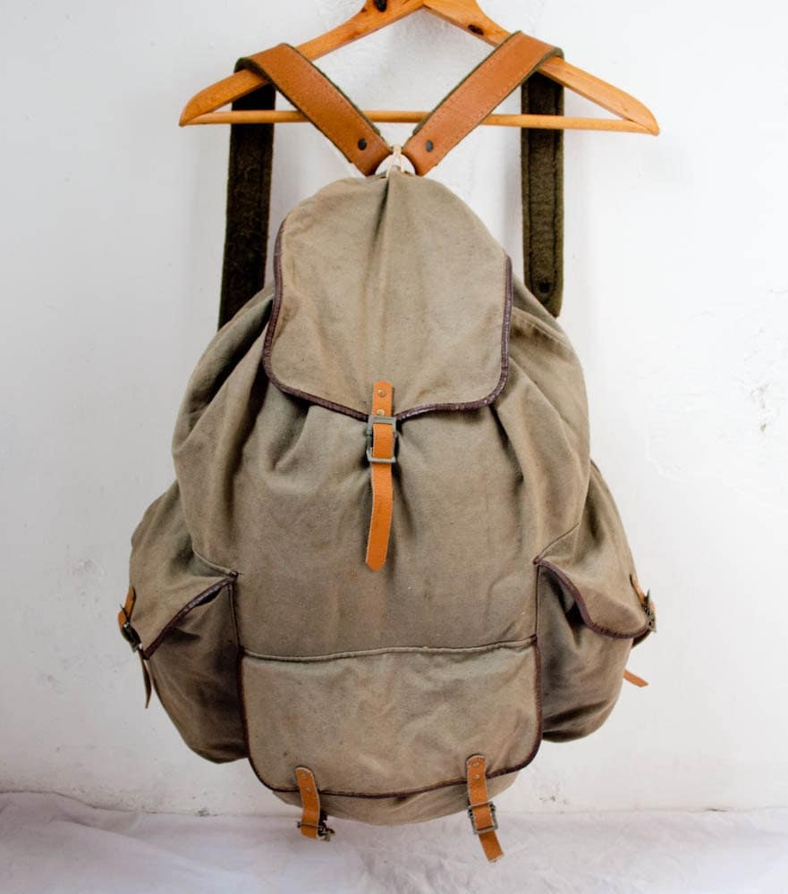 Vintage army military canvas backpack dusty leather