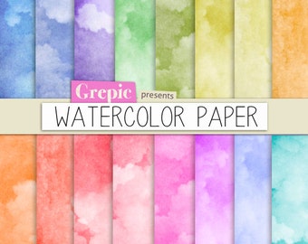 Watercolor digital paper: "WATERCOLOR PAPER" with rainbow colored watercolor / watercolour digital papers suitable for scrapbooking, cards