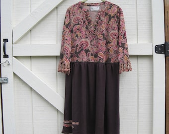Bohemian dress M, upcycled clothing, Romantic hippie, rustic dress brown purple, casual dress upcycled