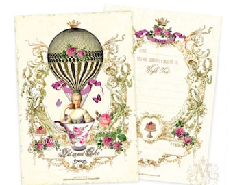Marie Antoinette, high tea, birthday, bridal shower, tea party, invitations, set of 4